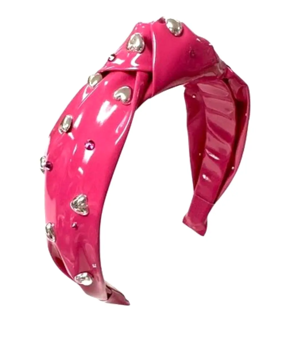 Bari Lynn Patent Leather Stud Heart Embellished Knot Headband - Hot Pink