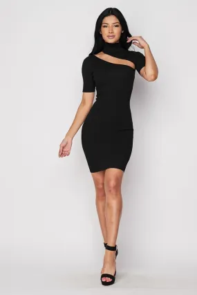 Black Ribbed Knit Keyhole Mini Dress