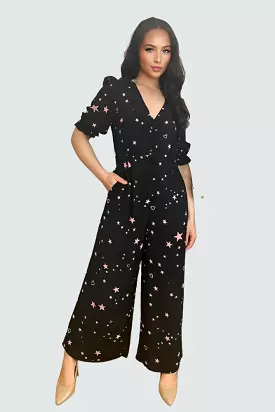 Black Stars And Hearts Print Frilled Jumpsuit