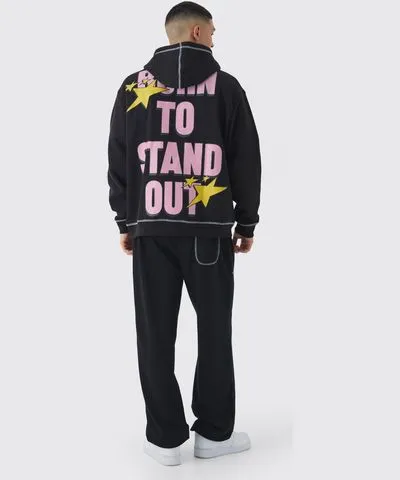 boohoo Mens Oversized Contrast Stitch Limited Edition Printed Hoodie