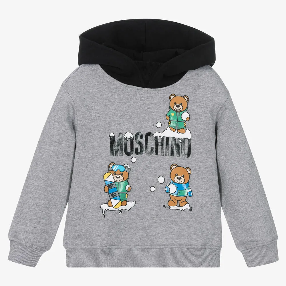 Boys Grey Teddy Bear Logo Hoodie