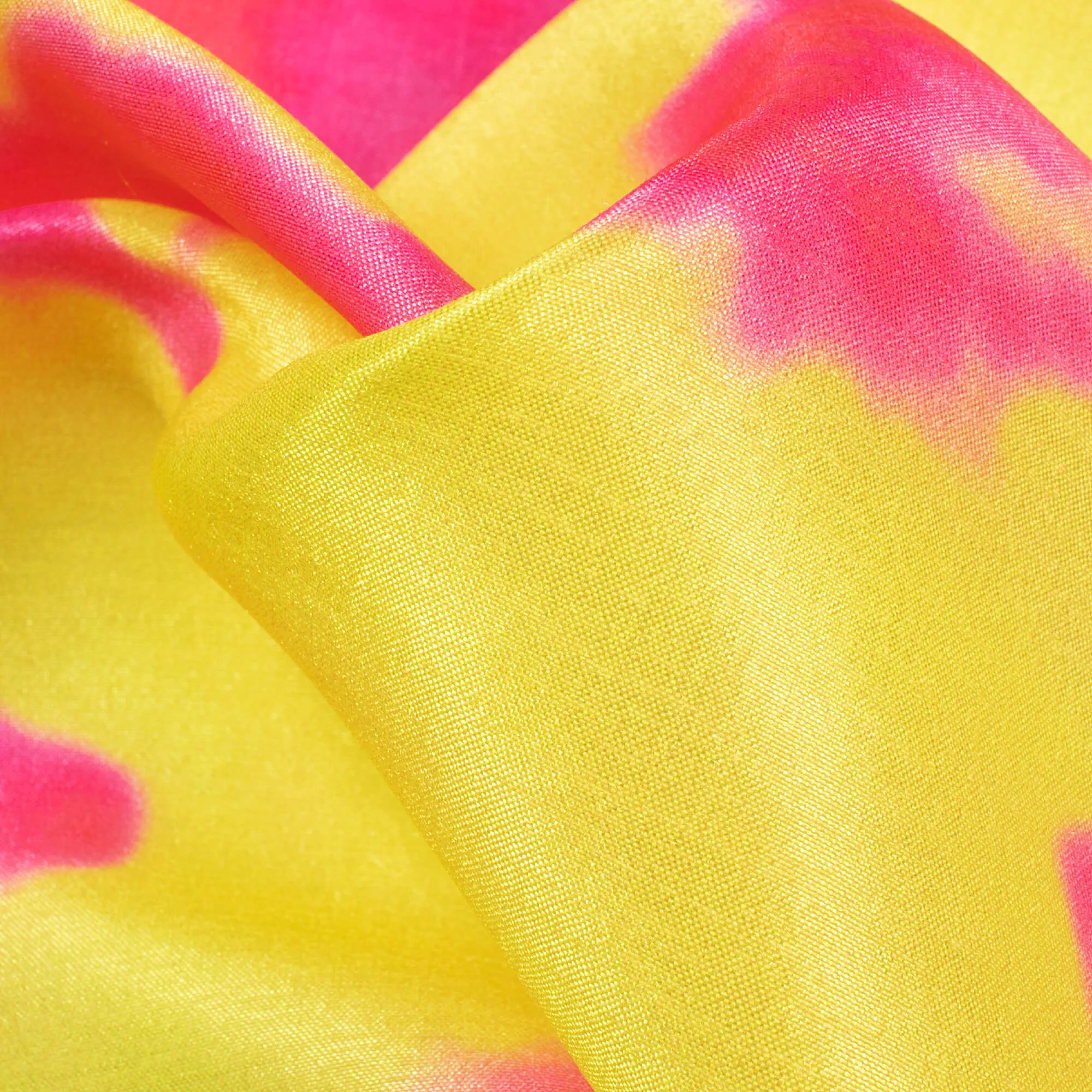 Bumblebee Yellow And Hot Pink Tie & Dye Pattern Digital Print Flat Silk Fabric