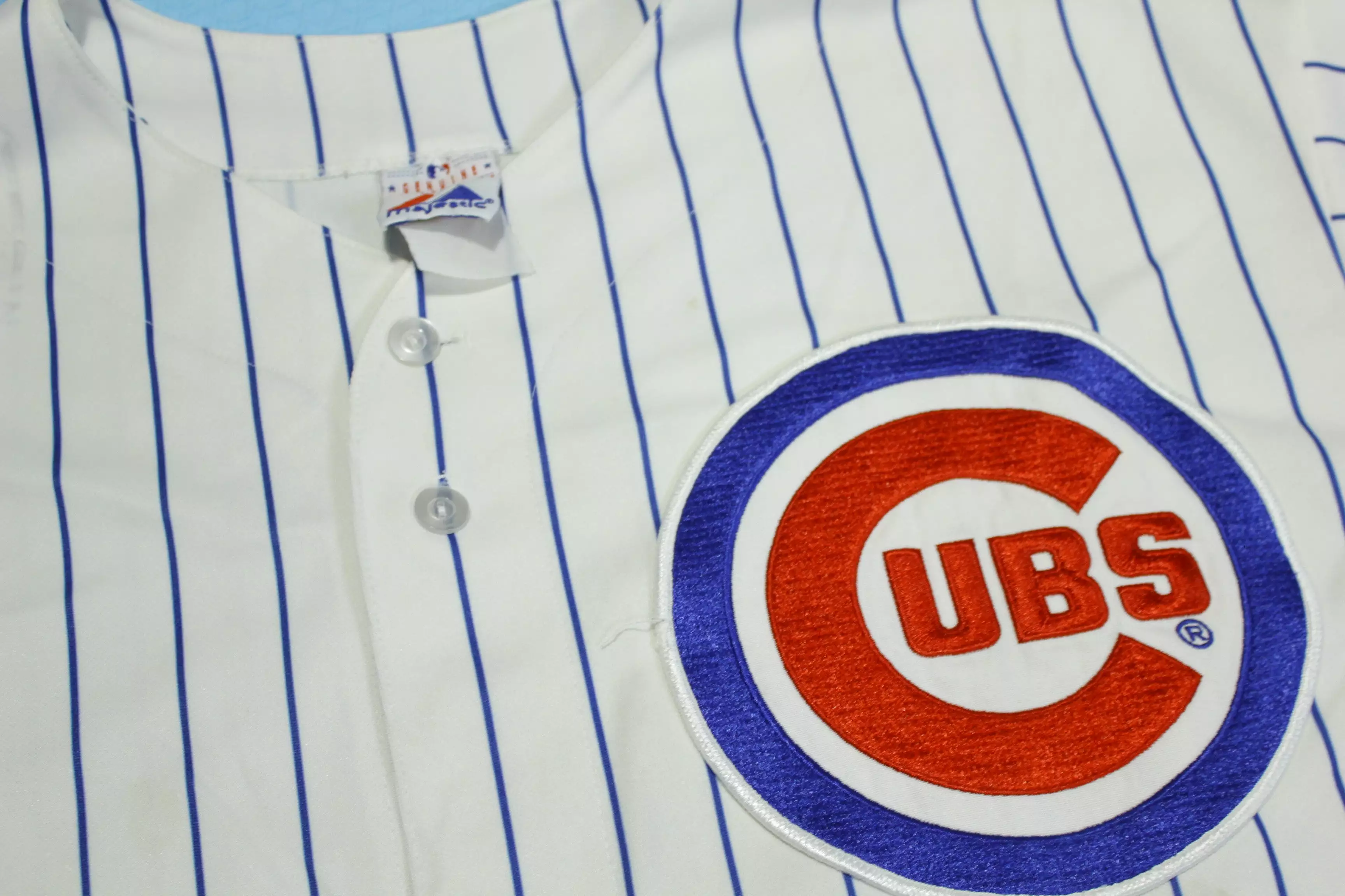 Chicago Cubs Vintage 90's Majestic Button Up Sewn Patch Pin Striped Jersey