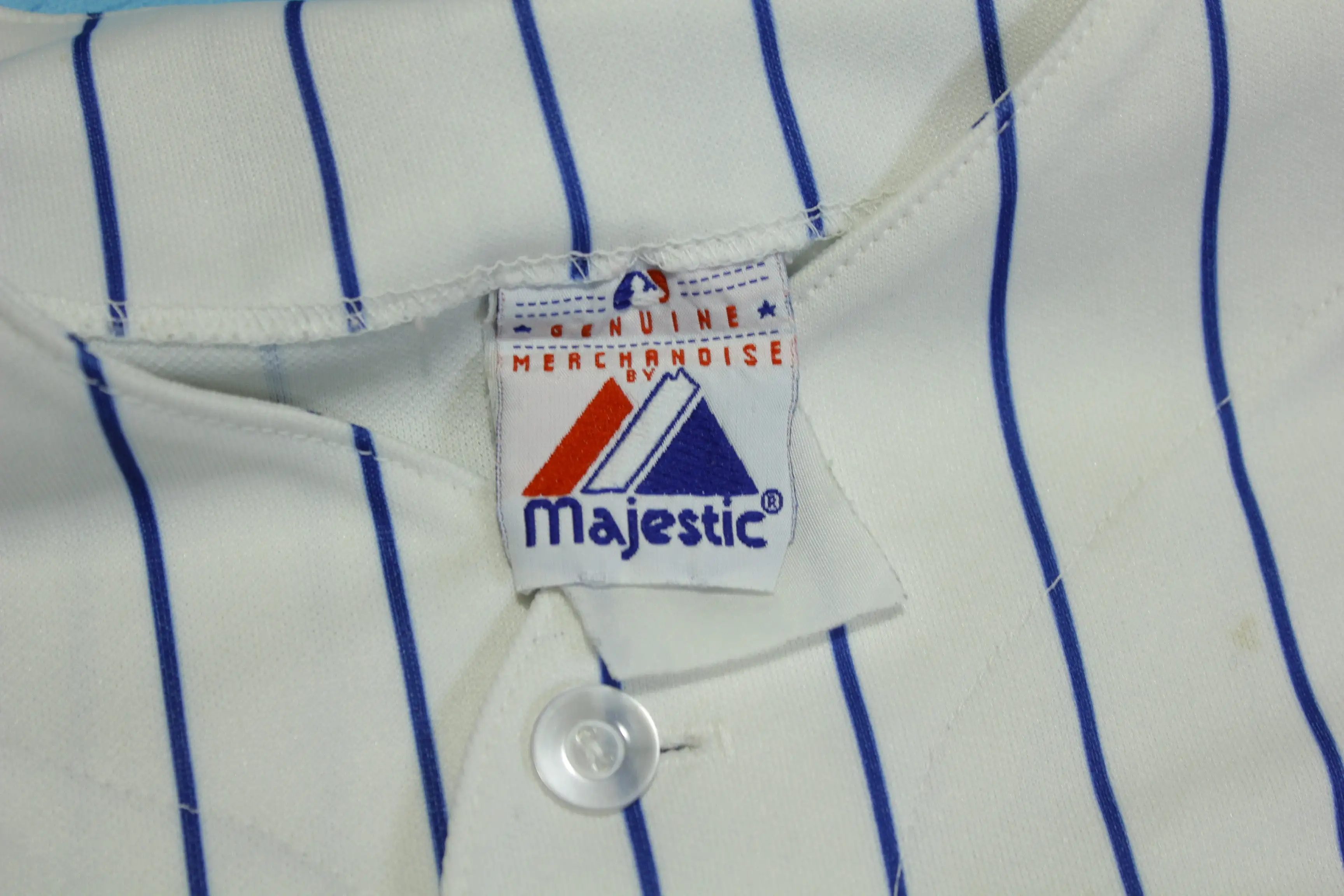 Chicago Cubs Vintage 90's Majestic Button Up Sewn Patch Pin Striped Jersey