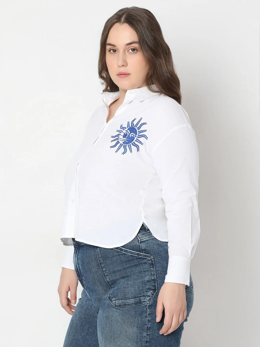 CURVE White Embroidered Print Cotton Shirt