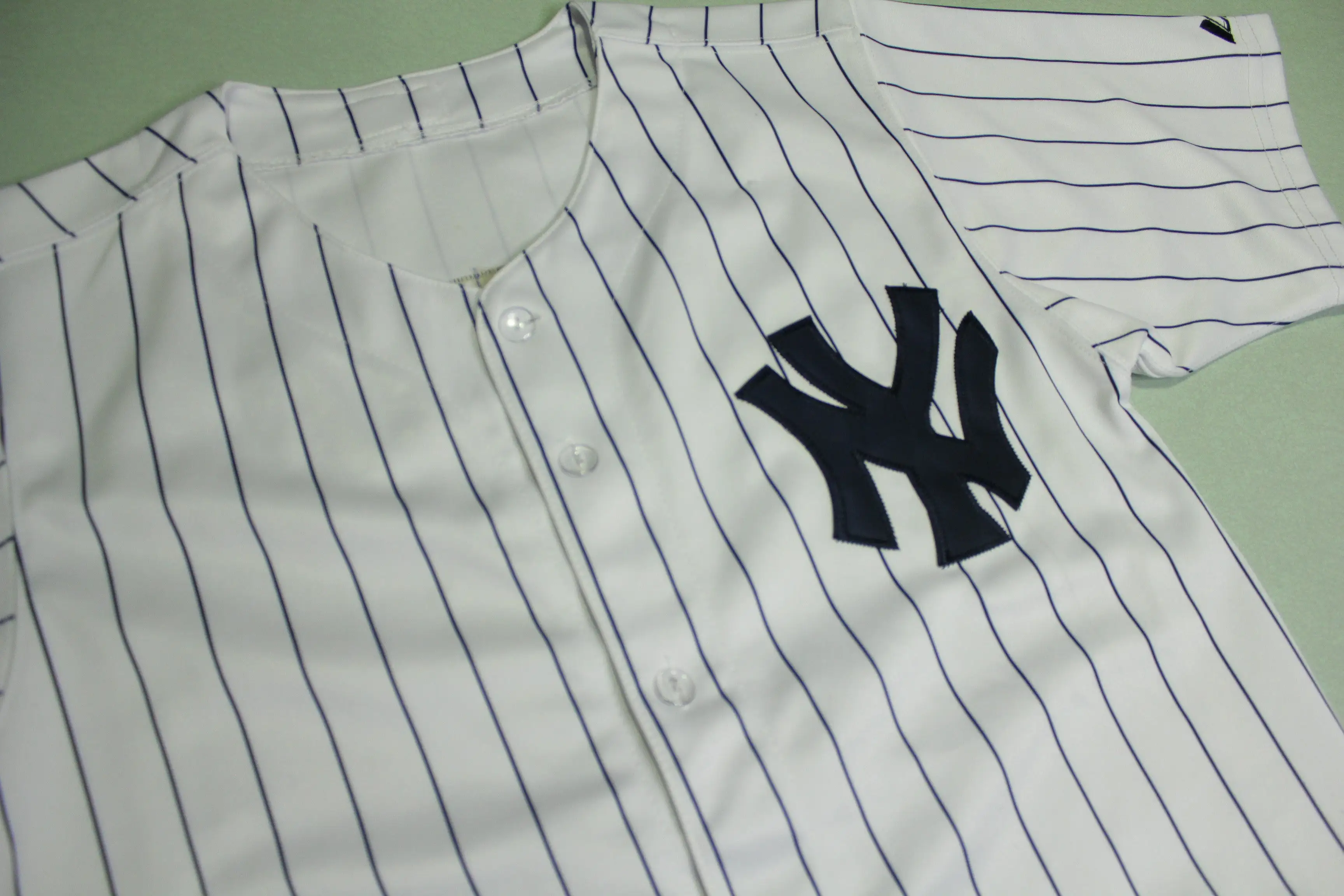 Derek Jeter New York Yankees #2 Majestic Pin Stripe Button Up Baseball Jersey