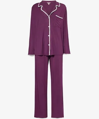 Eberjey Womens Plum/Ivory Frida embroidered-trim jersey pyjama set