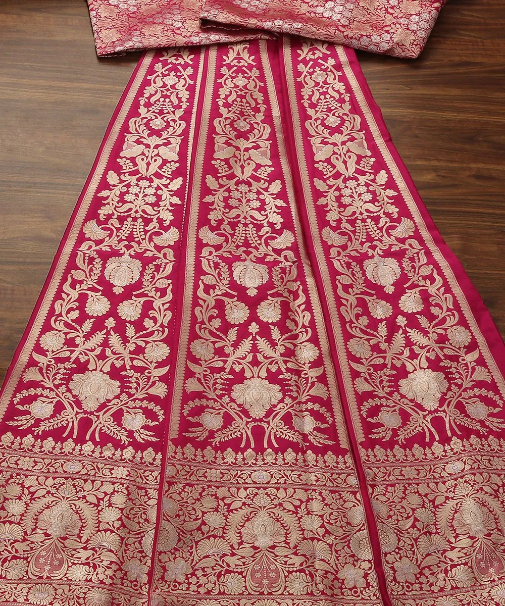 Handloom Hot Pink Sona Rupa Zari Work Katan Silk Banarasi Lehenga with Jangla Dupatta and Brocade Blouse