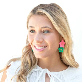 Hibiscus Drop Earrings - Hot Pink/Kelly