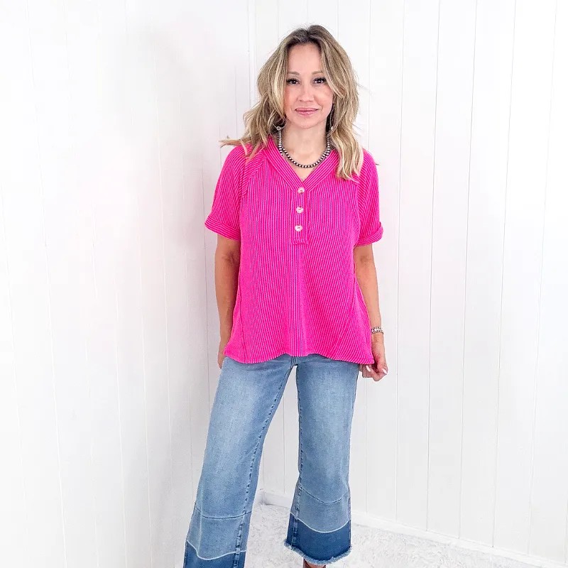 Hot Pink Andree Textured Line Ribbed Short Sleeve Top