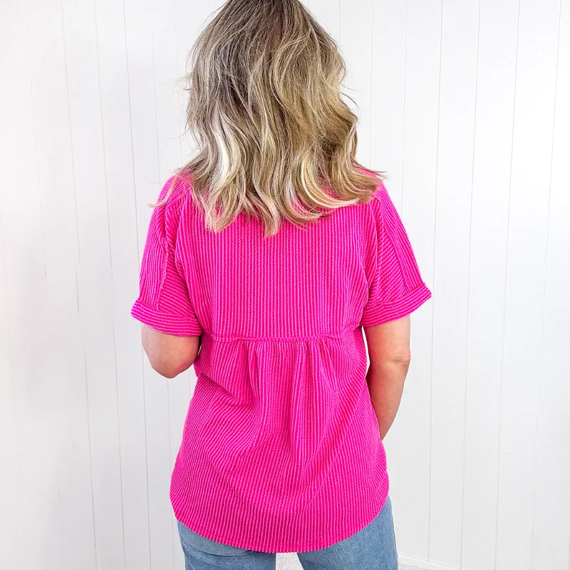 Hot Pink Andree Textured Line Ribbed Short Sleeve Top