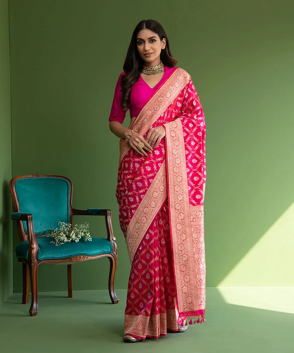 Hot Pink Handloom Pure Katan Silk Banarasi Saree with Sona Rupa Diamond Jaal