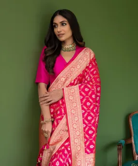 Hot Pink Handloom Pure Katan Silk Banarasi Saree with Sona Rupa Diamond Jaal