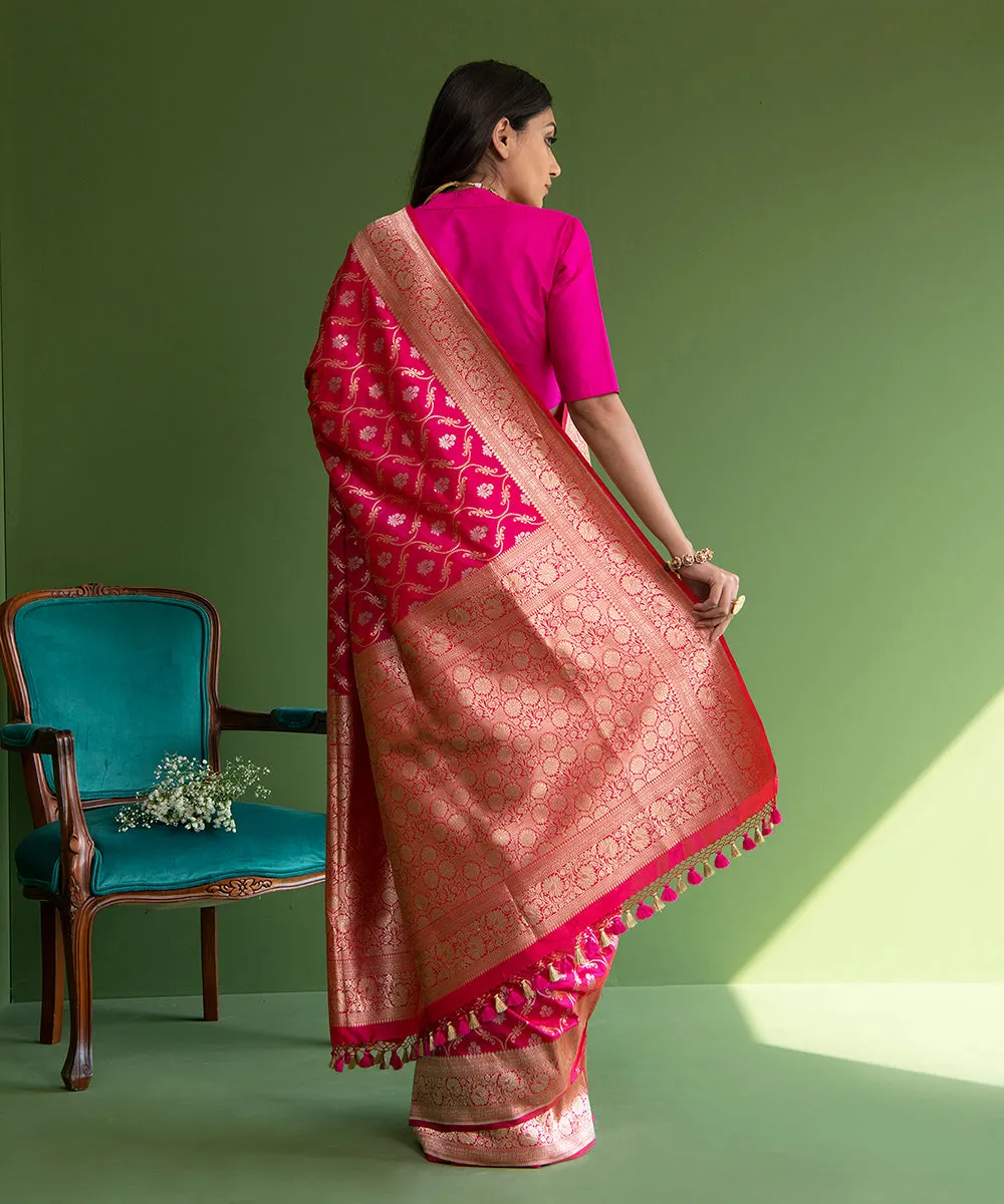 Hot Pink Handloom Pure Katan Silk Banarasi Saree with Sona Rupa Diamond Jaal