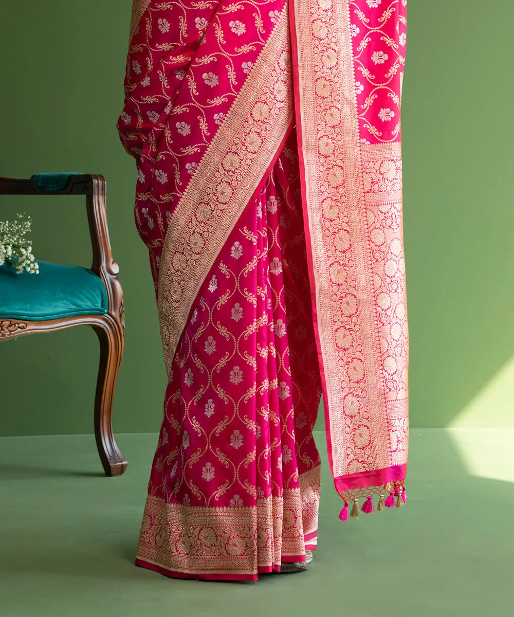 Hot Pink Handloom Pure Katan Silk Banarasi Saree with Sona Rupa Diamond Jaal