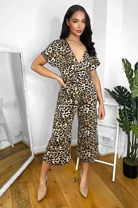 Leopard Print Deep V-Neck Cropped Leg Jumpsuit