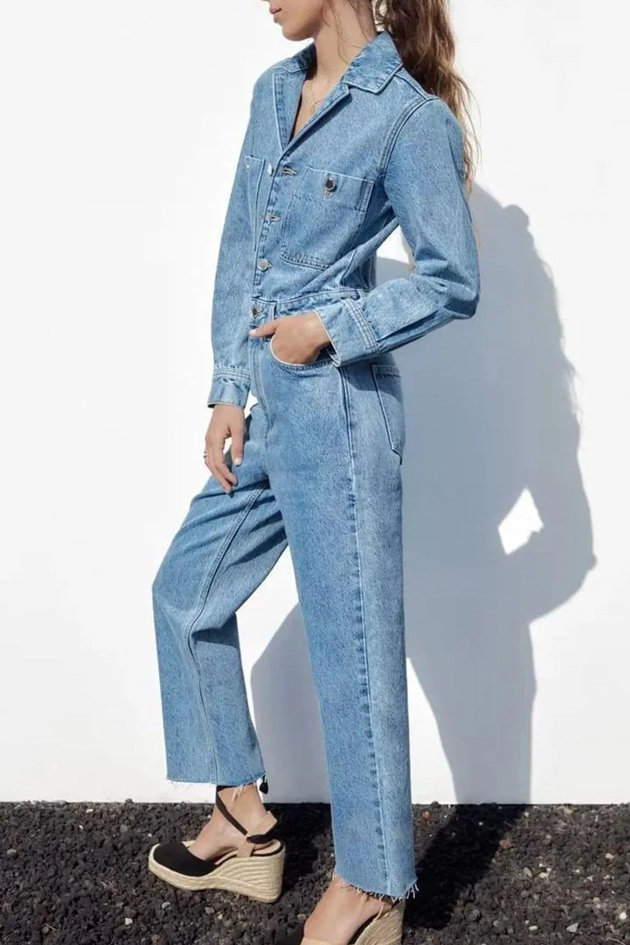 Long Sleeve Pocketed High Waist Denim Jumpsuits