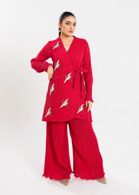 Maria Osama Khan Claire Pleated Silk Luxury Pret 2Pc Suit - Scarlet