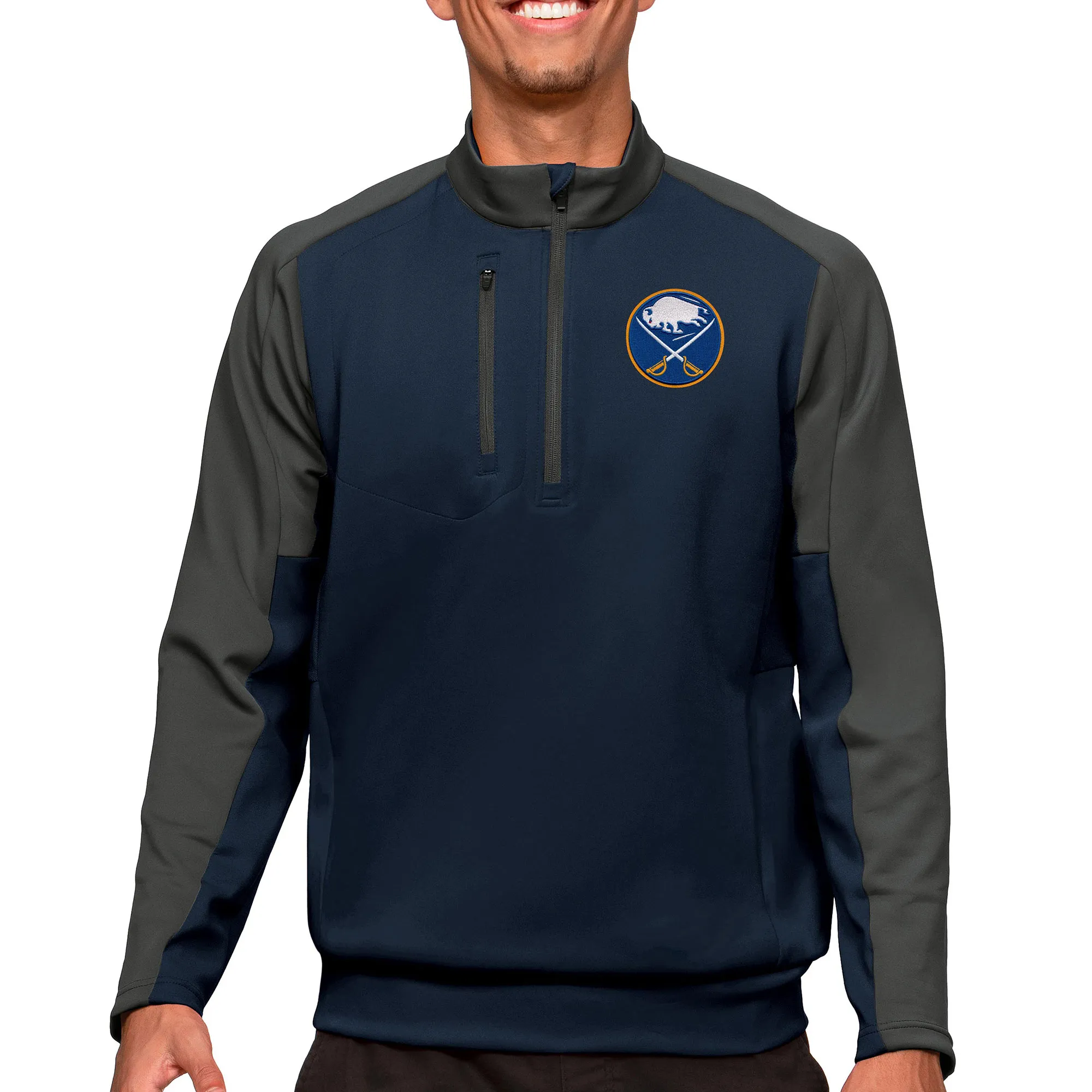 Men's Buffalo Sabres Antigua Navy/Charcoal Quarter-Zip Pullover Top