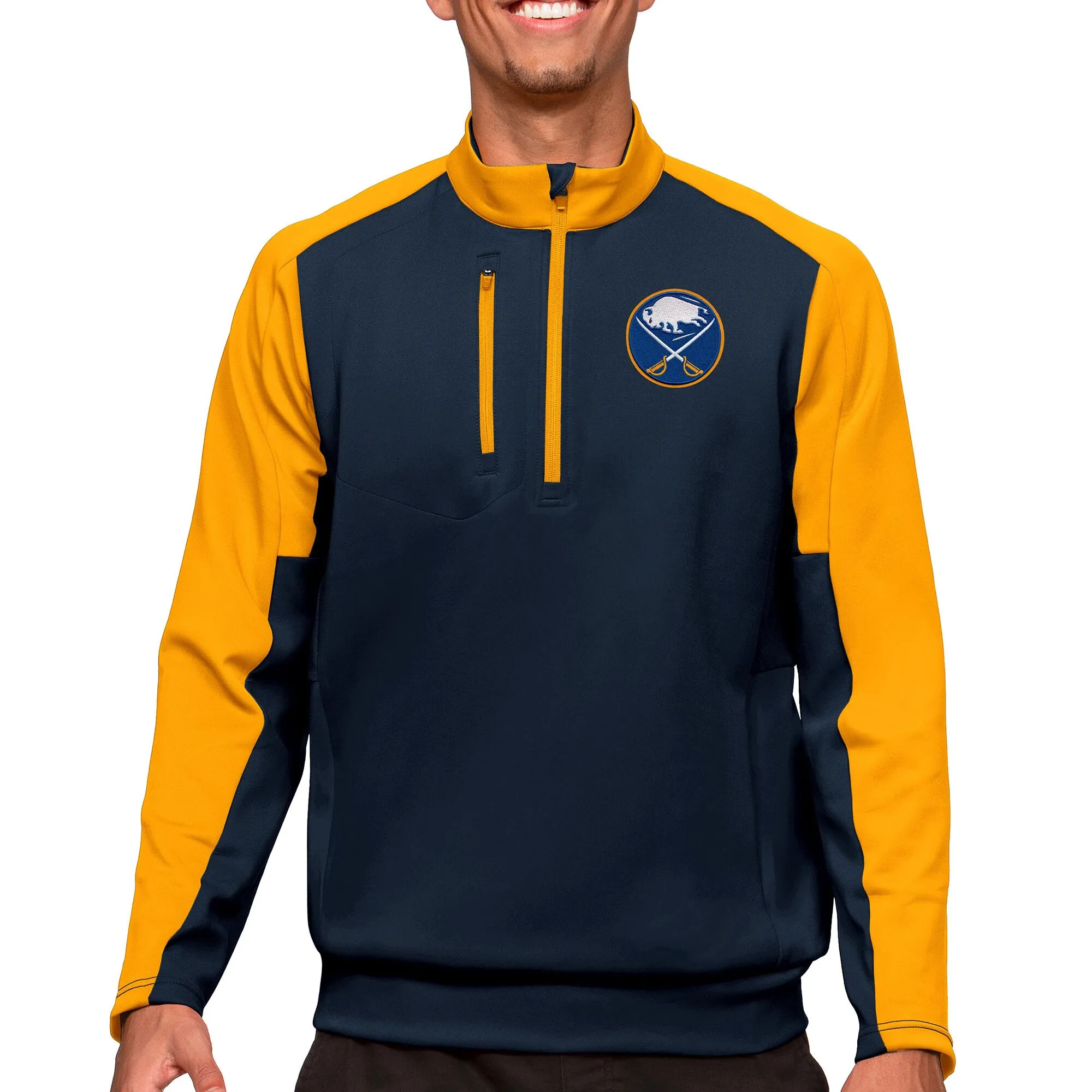 Men's Buffalo Sabres Antigua Navy/Gold Quarter-Zip Pullover Top