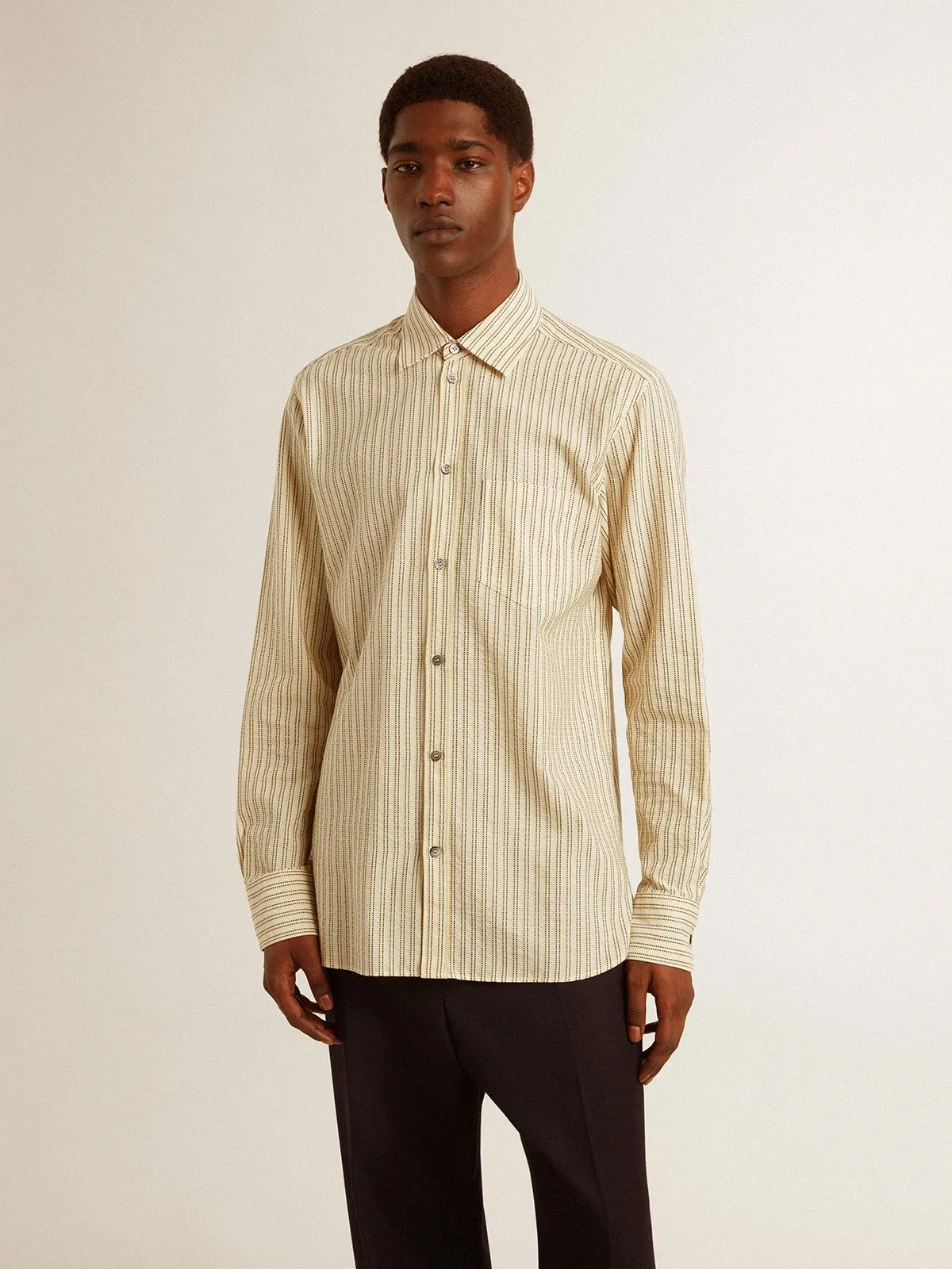 Men’s ecru cotton shirt with narrow black stripes