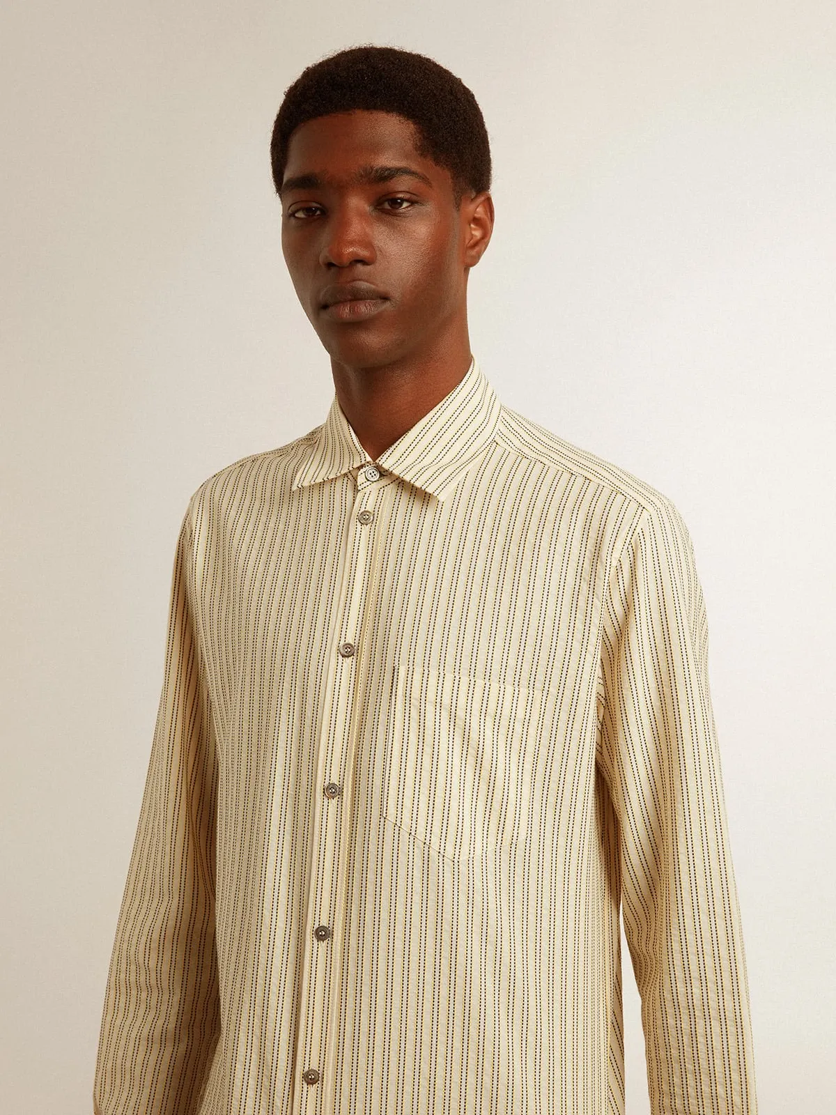 Men’s ecru cotton shirt with narrow black stripes