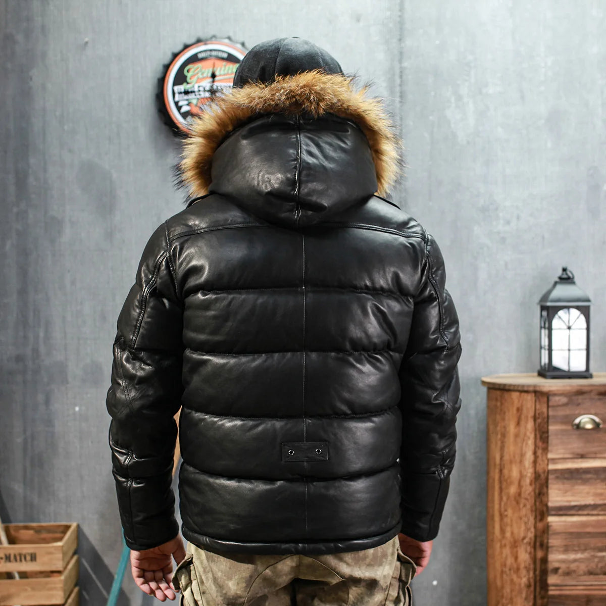 Men's Genuine Sheepskin Leather Fur Hooded Casual Down Jacket