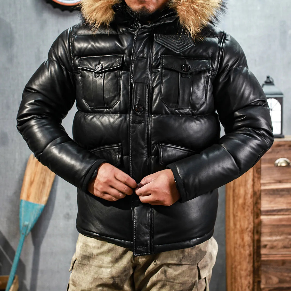 Men's Genuine Sheepskin Leather Fur Hooded Casual Down Jacket