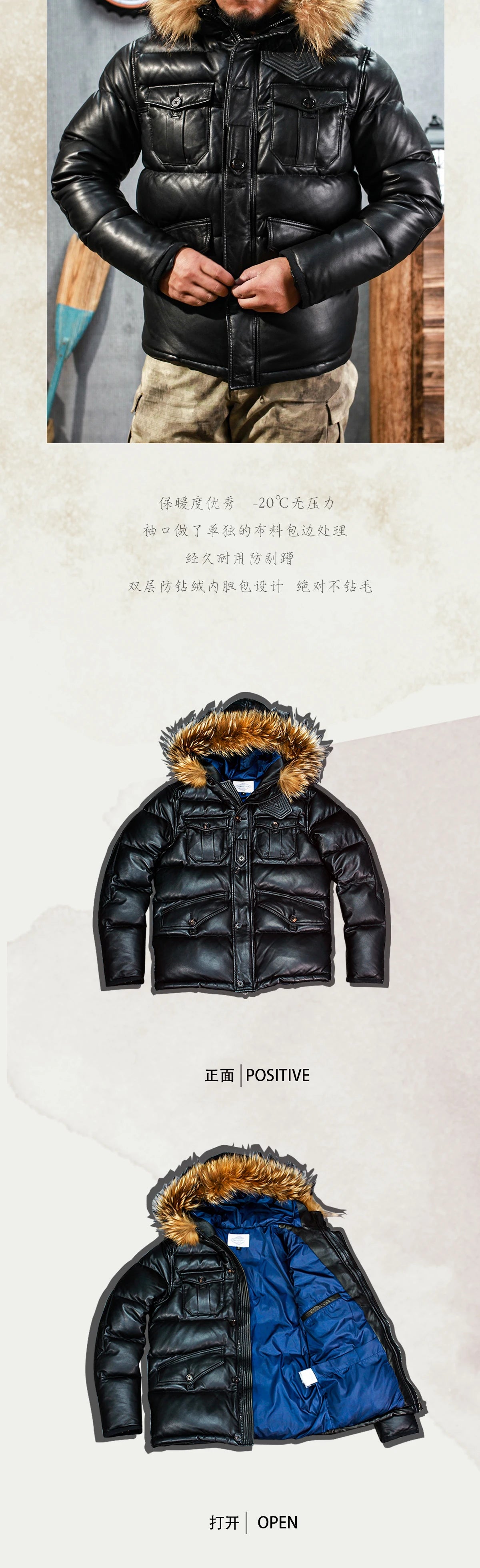 Men's Genuine Sheepskin Leather Fur Hooded Casual Down Jacket