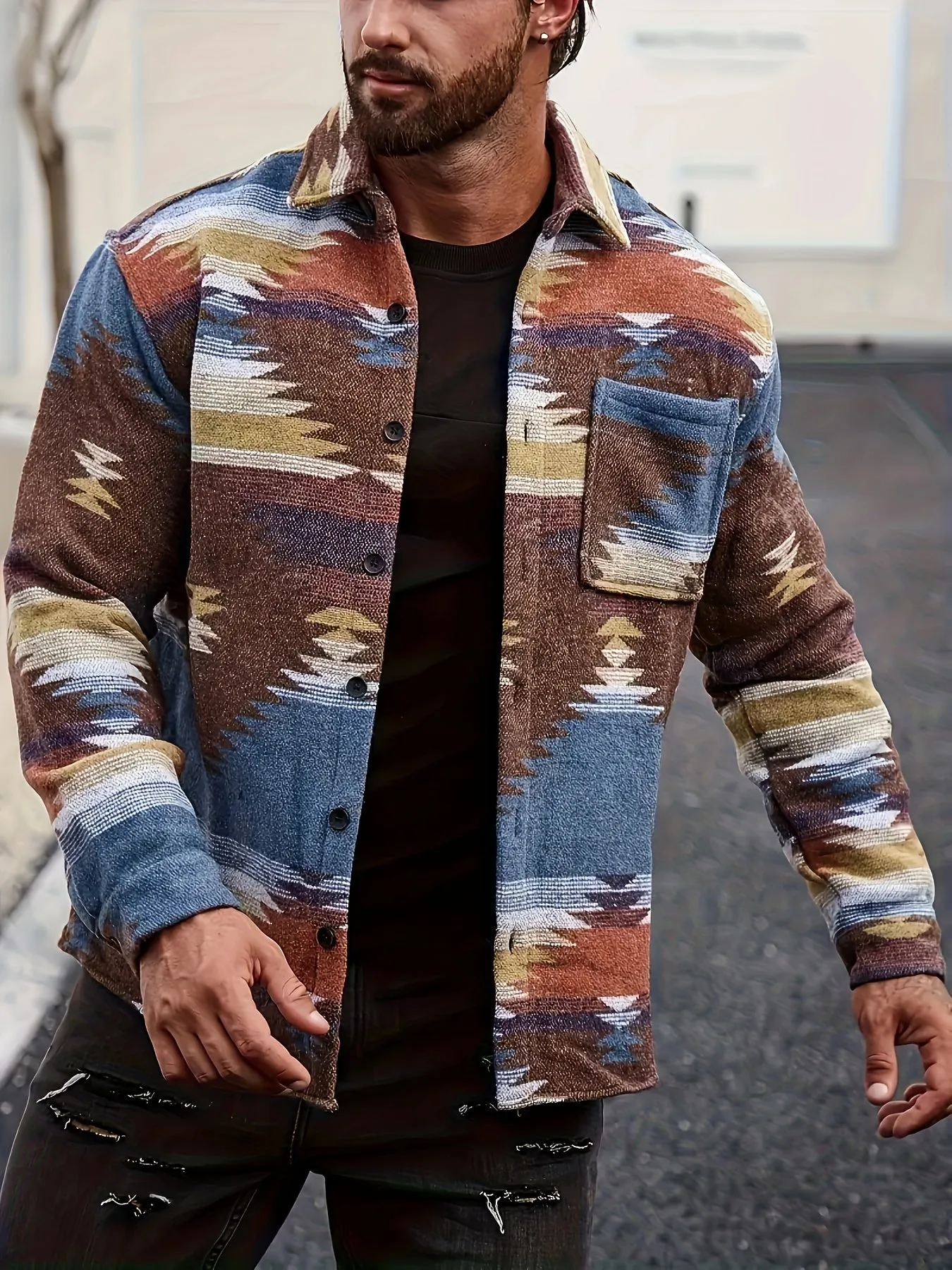 Plus Size Men's Southwest Pattern Print Jacket, Fashion Casual Fleece Jacket, Men's Clothing, Best Seller