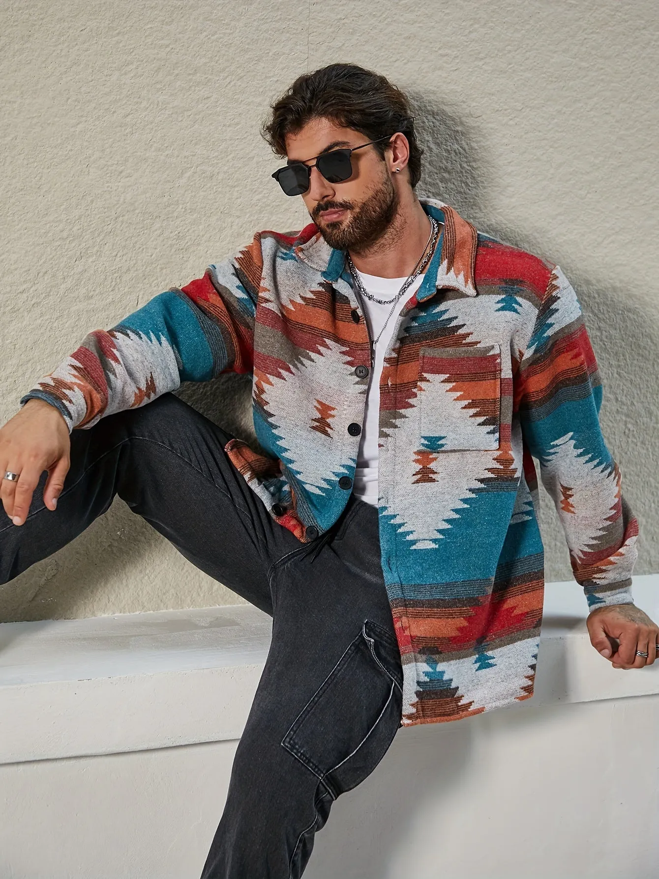 Plus Size Men's Southwest Pattern Print Jacket, Fashion Casual Fleece Jacket, Men's Clothing, Best Seller