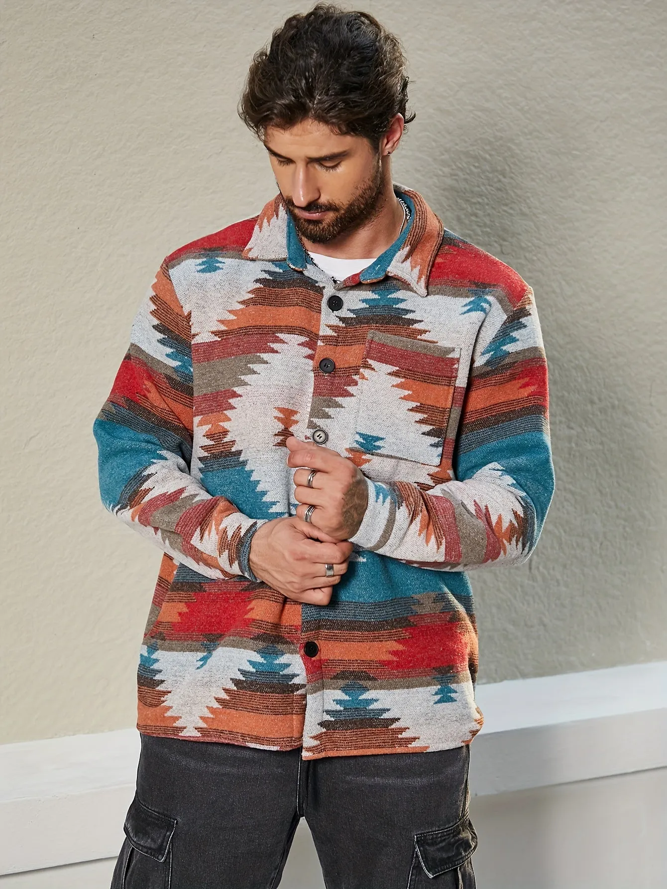 Plus Size Men's Southwest Pattern Print Jacket, Fashion Casual Fleece Jacket, Men's Clothing, Best Seller