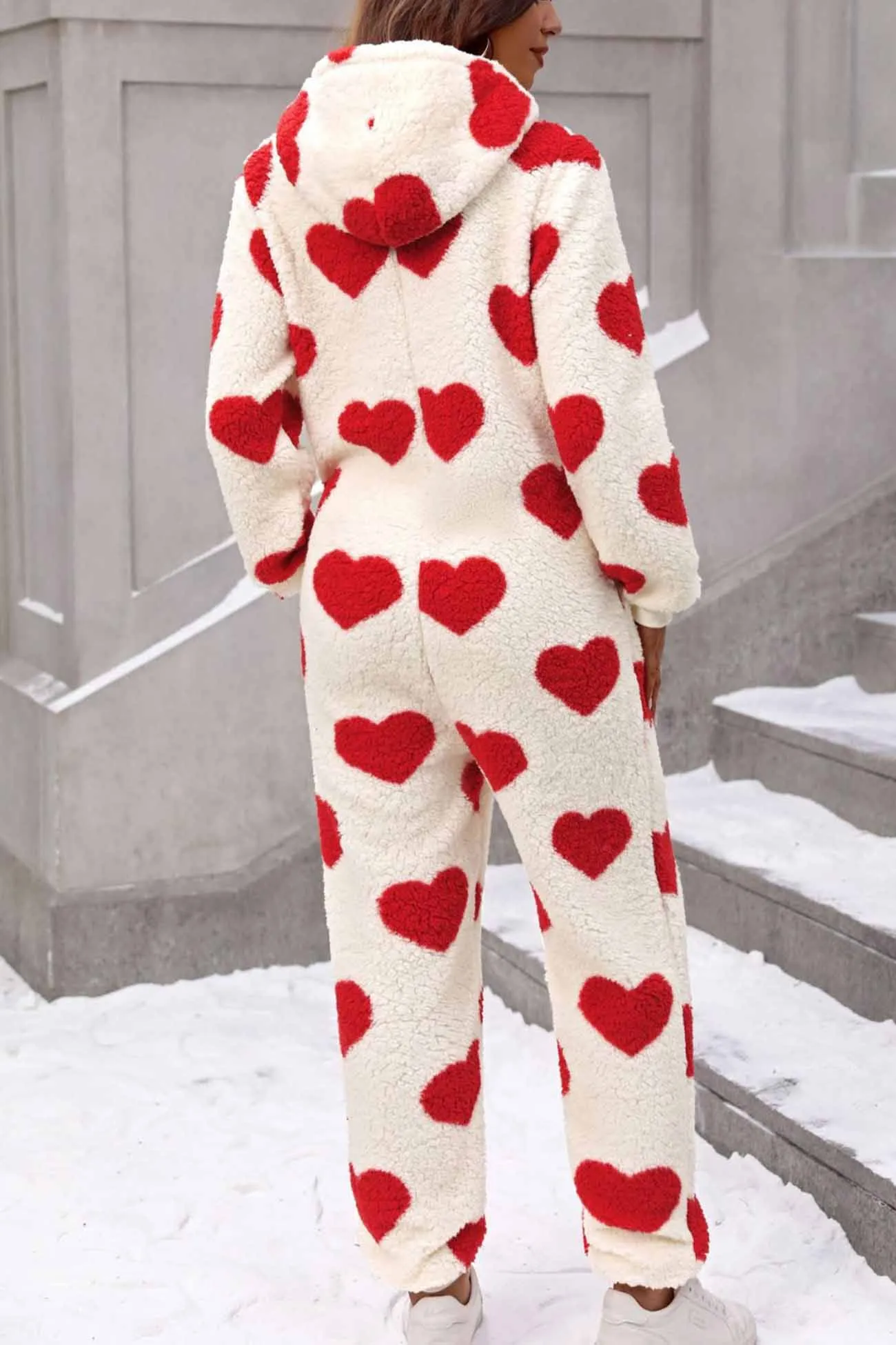 Plush Heart Zip Hooded Jumpsuits