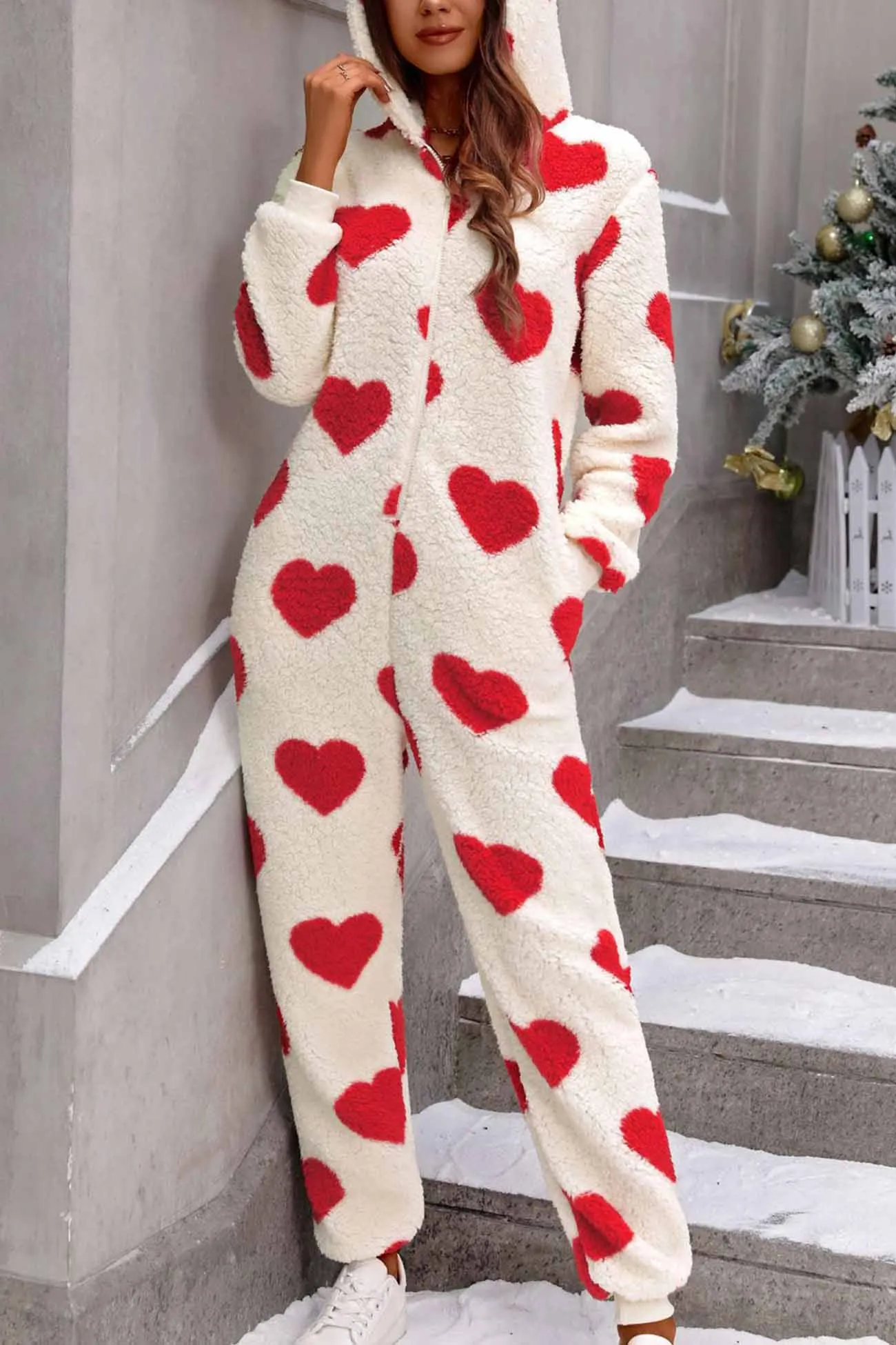 Plush Heart Zip Hooded Jumpsuits