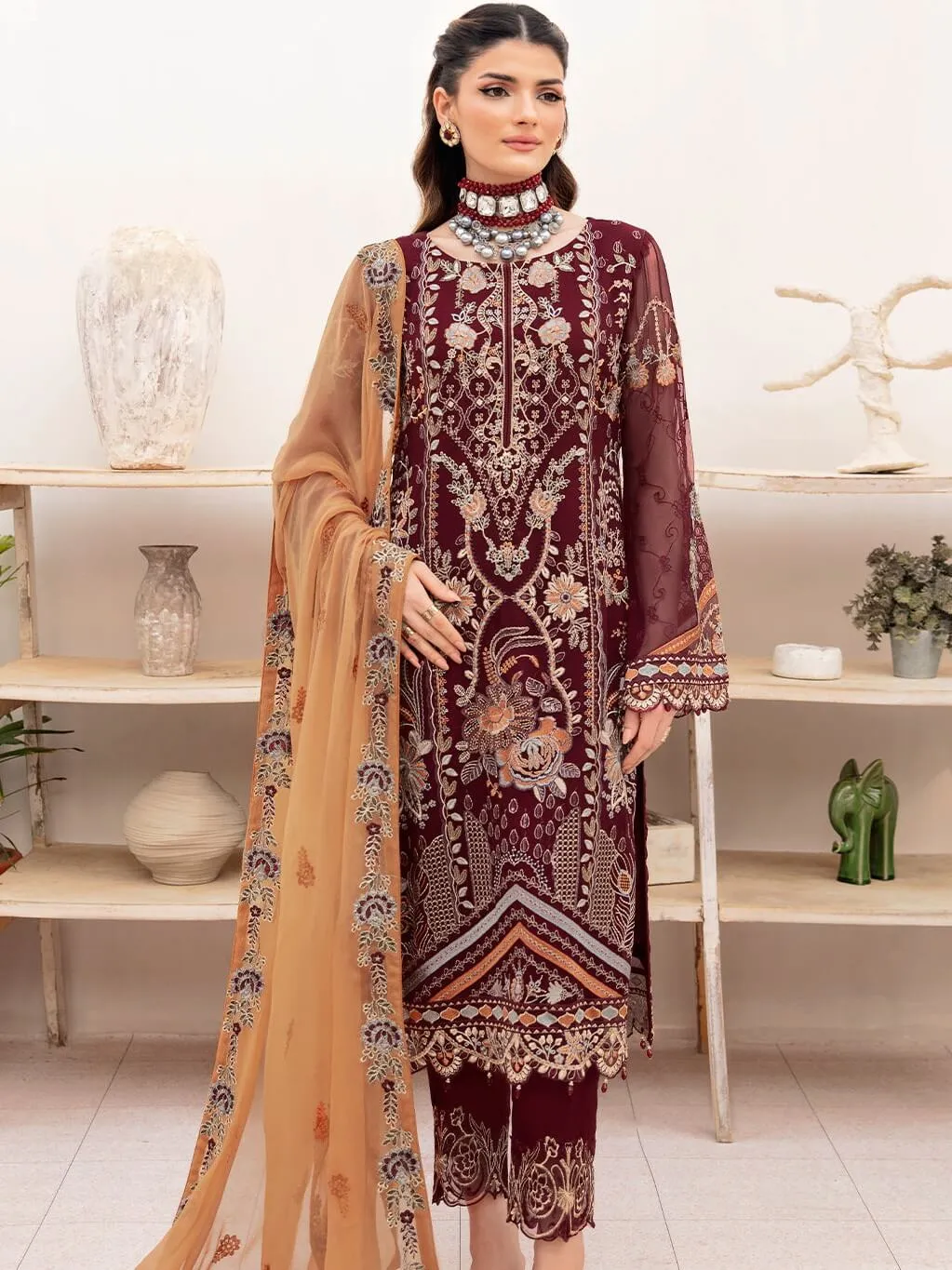 Ramsha Chevron Vol-07 Embroidered Chiffon Unstitched 3Pc Suit A-712