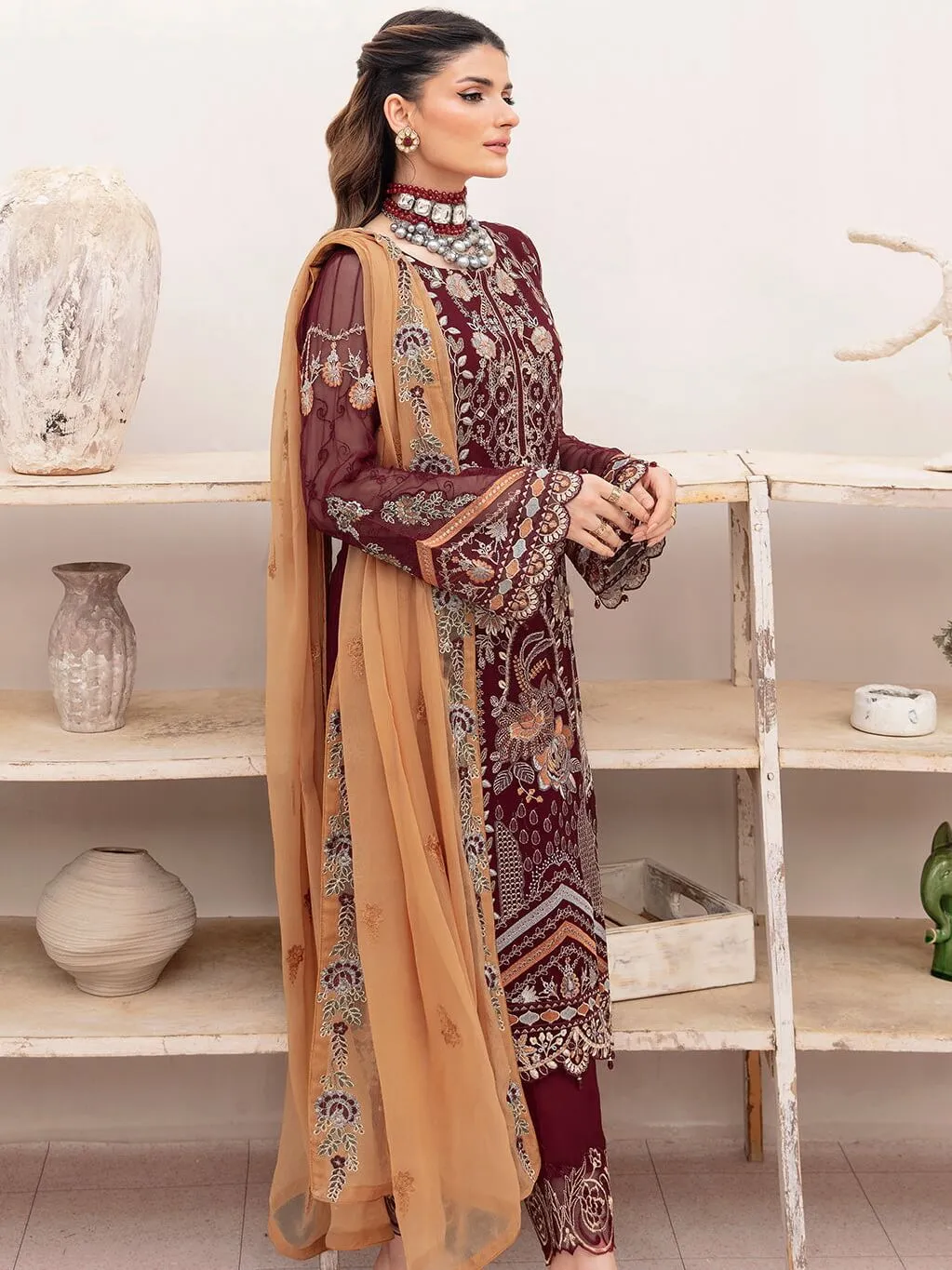 Ramsha Chevron Vol-07 Embroidered Chiffon Unstitched 3Pc Suit A-712