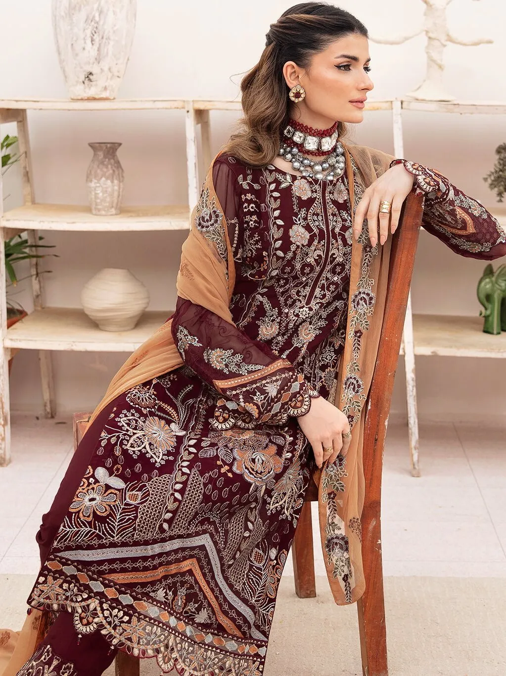 Ramsha Chevron Vol-07 Embroidered Chiffon Unstitched 3Pc Suit A-712