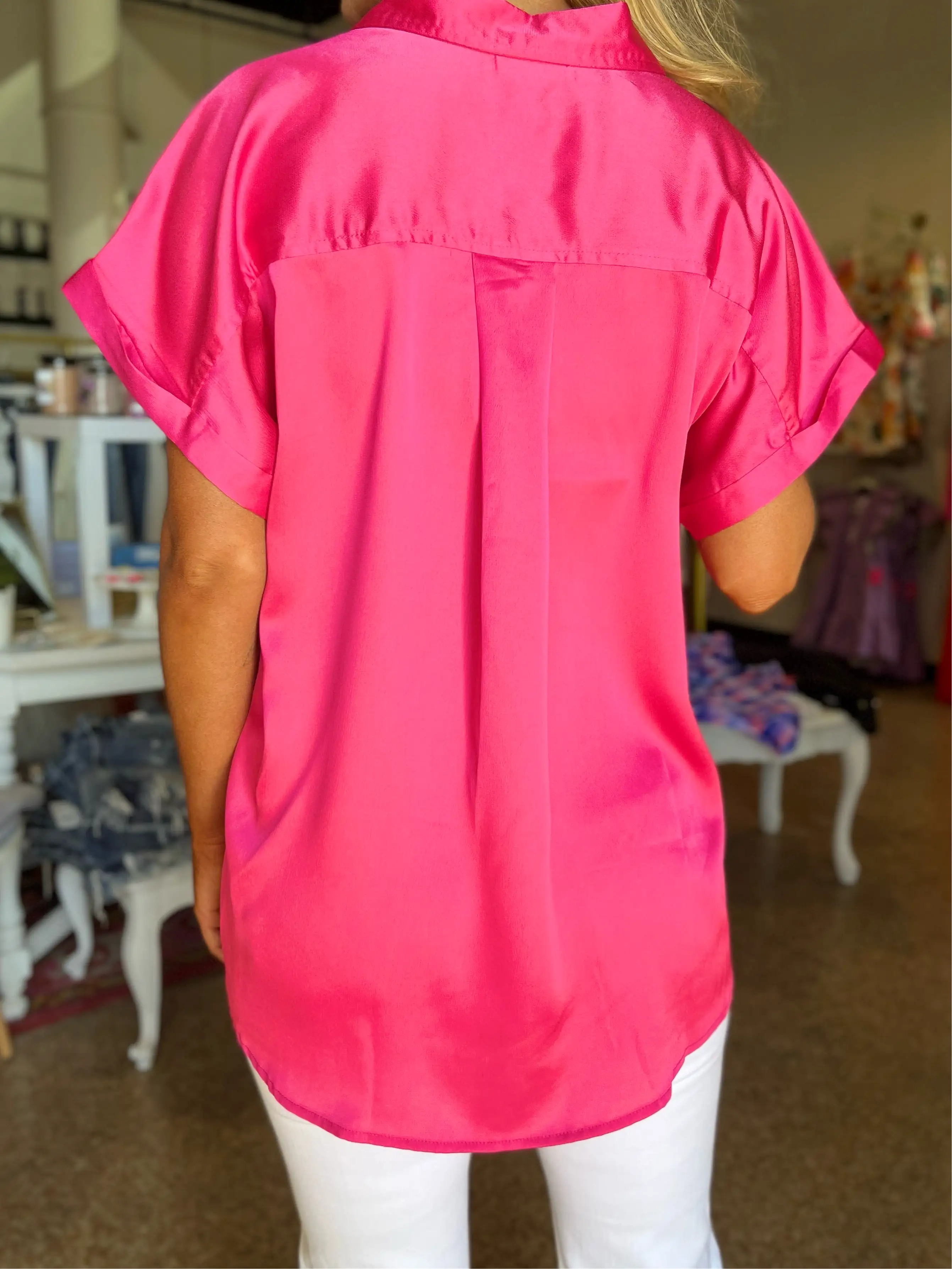 Satin Button Down - Hot Pink