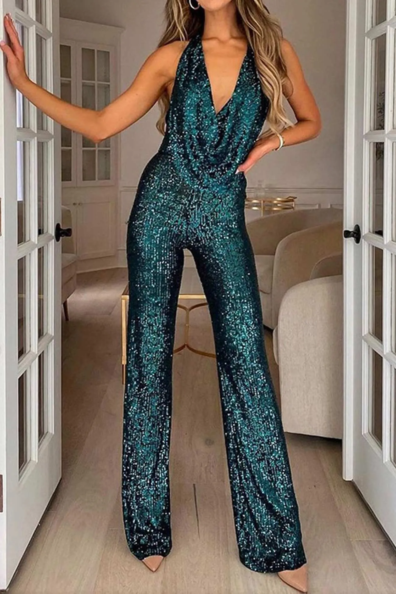 Sequin Cowl Neck Backless Jumpsuits