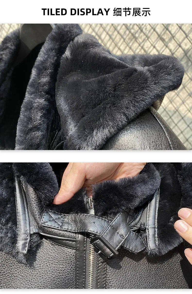 Sheep Shearling Fur Detachable Hat Zipper WinterJacket for Men