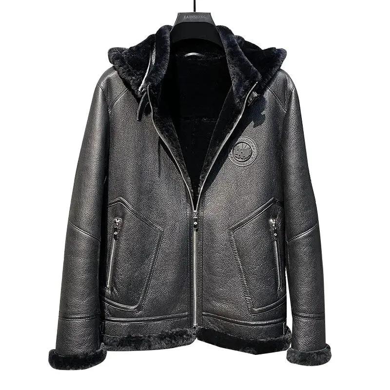 Sheep Shearling Fur Detachable Hat Zipper WinterJacket for Men