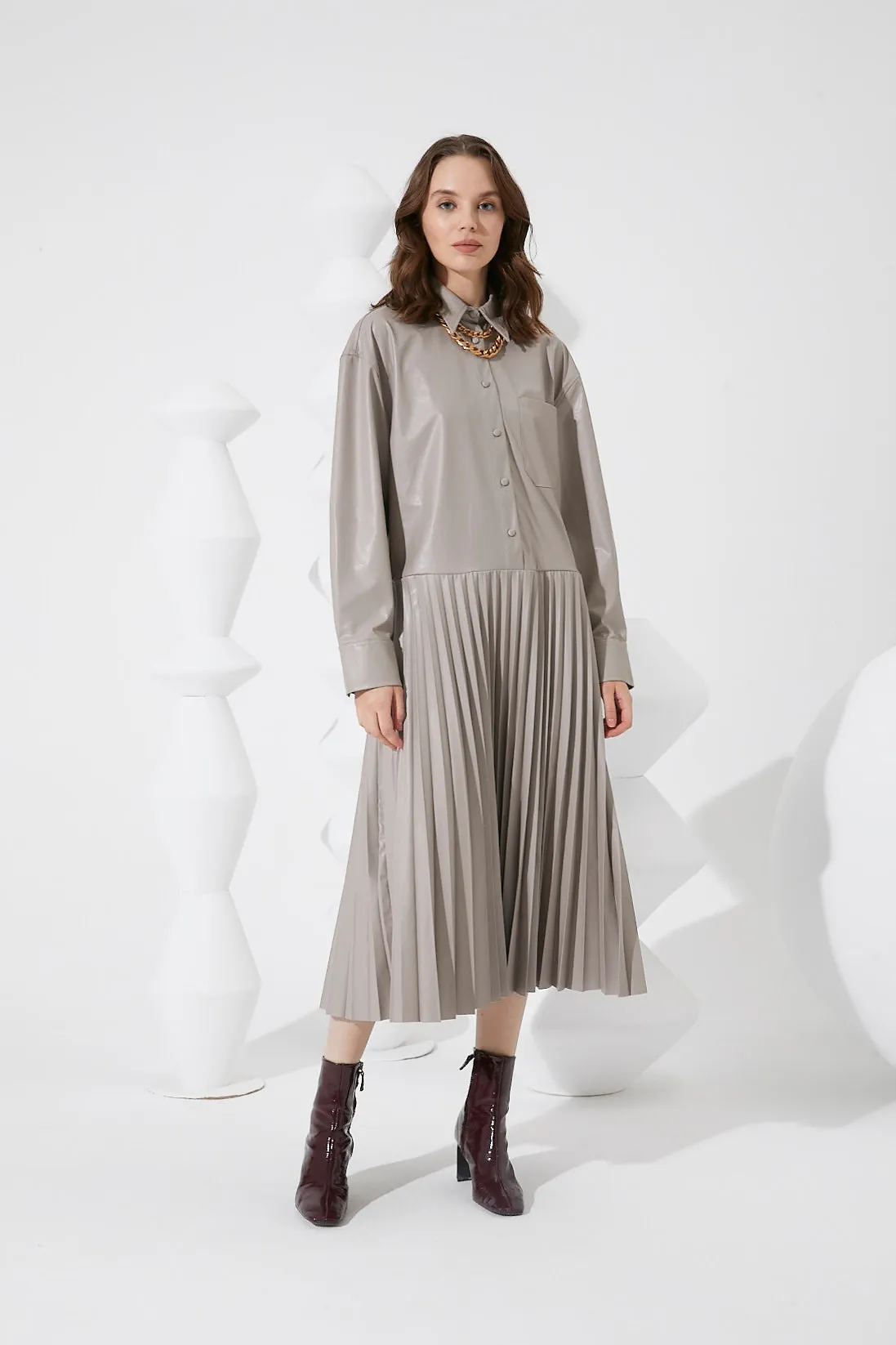 Shirt Dress With Pleated Skirt