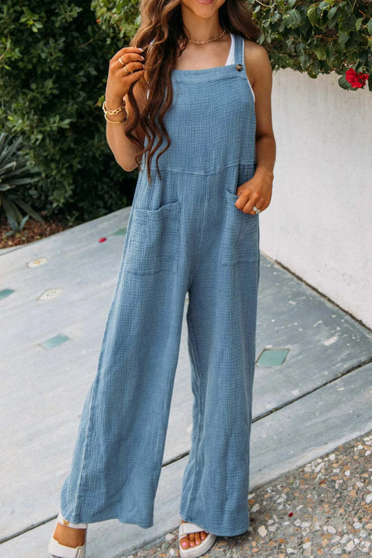 Solid Color Pocketed Loose Jumpsuits