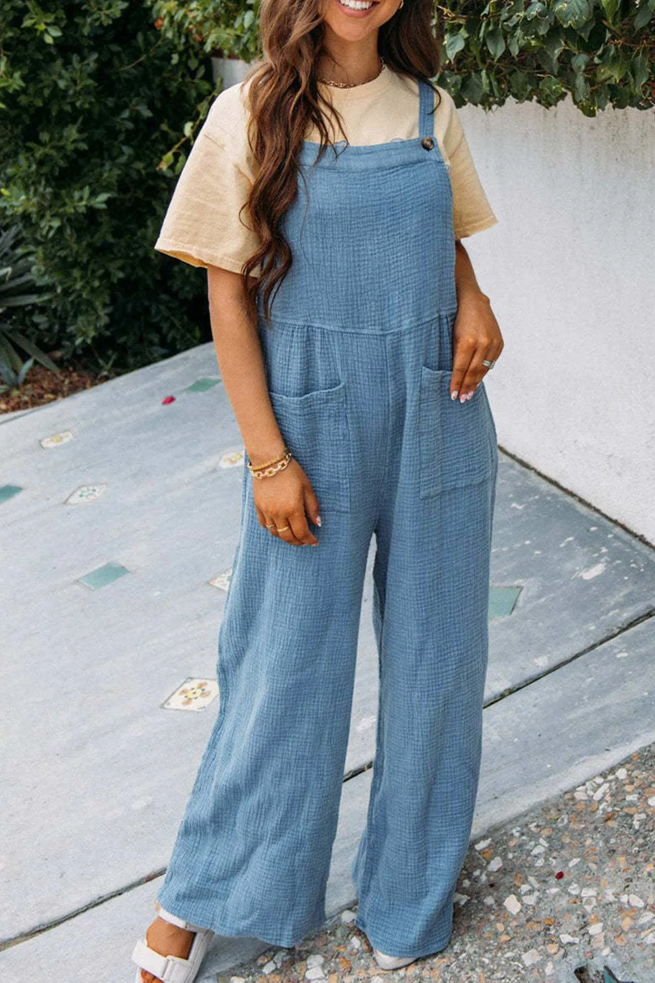 Solid Color Pocketed Loose Jumpsuits