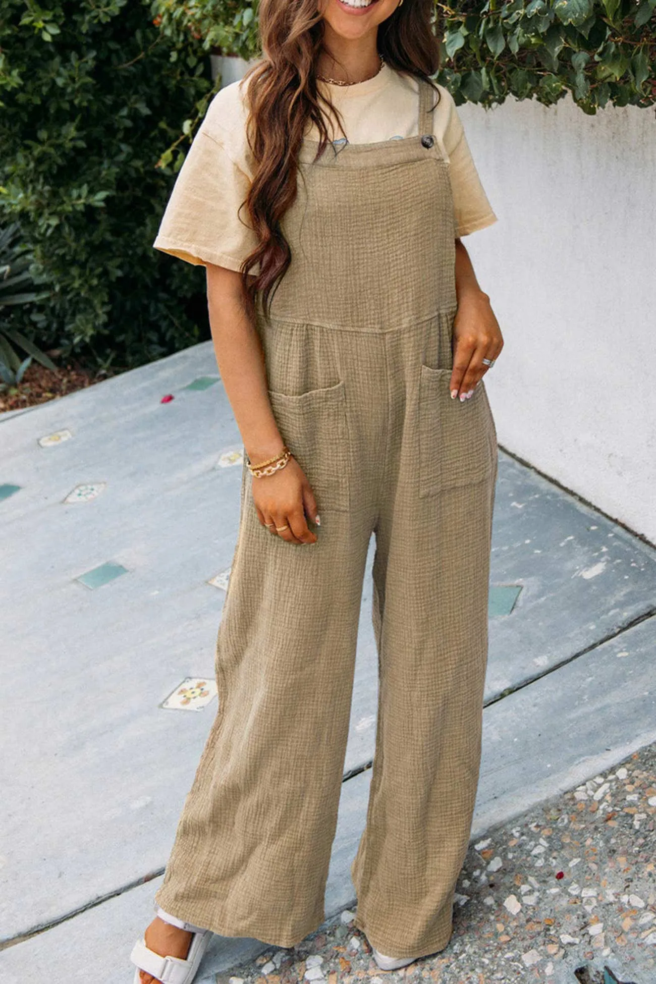 Solid Color Pocketed Loose Jumpsuits