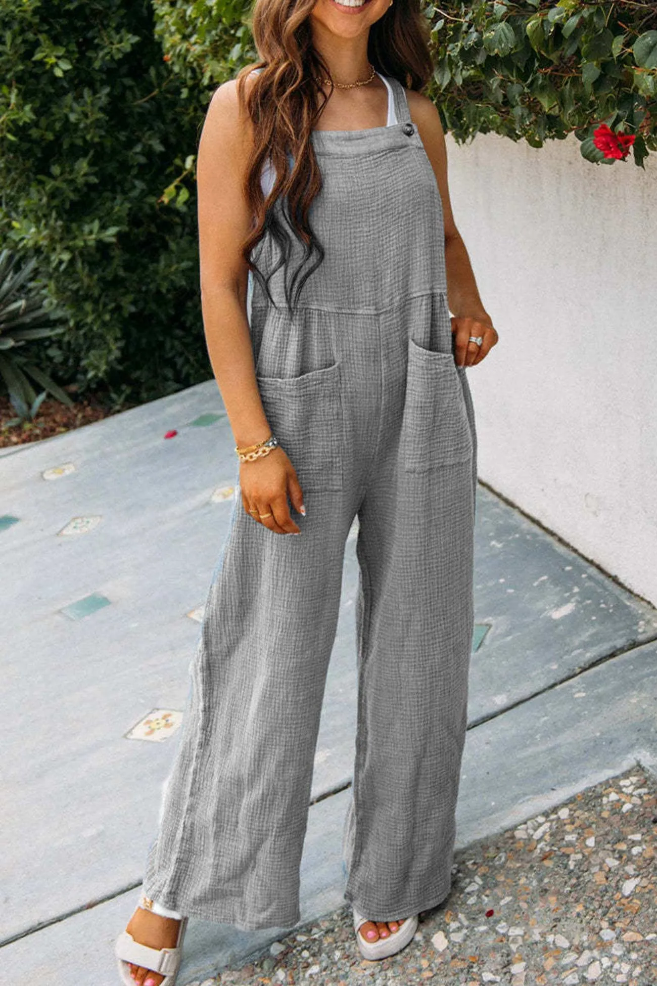 Solid Color Pocketed Loose Jumpsuits