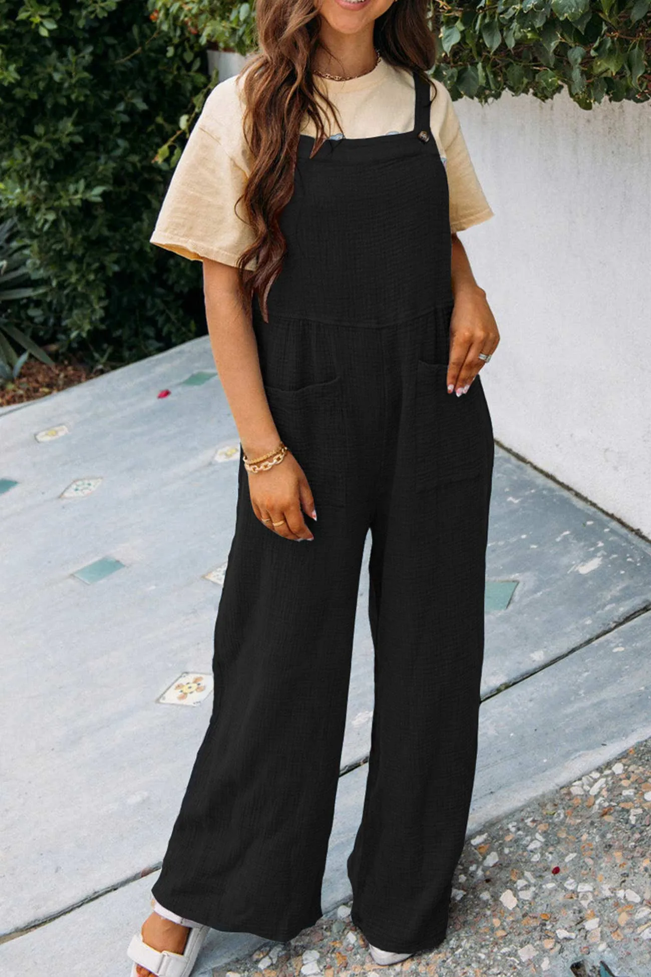 Solid Color Pocketed Loose Jumpsuits