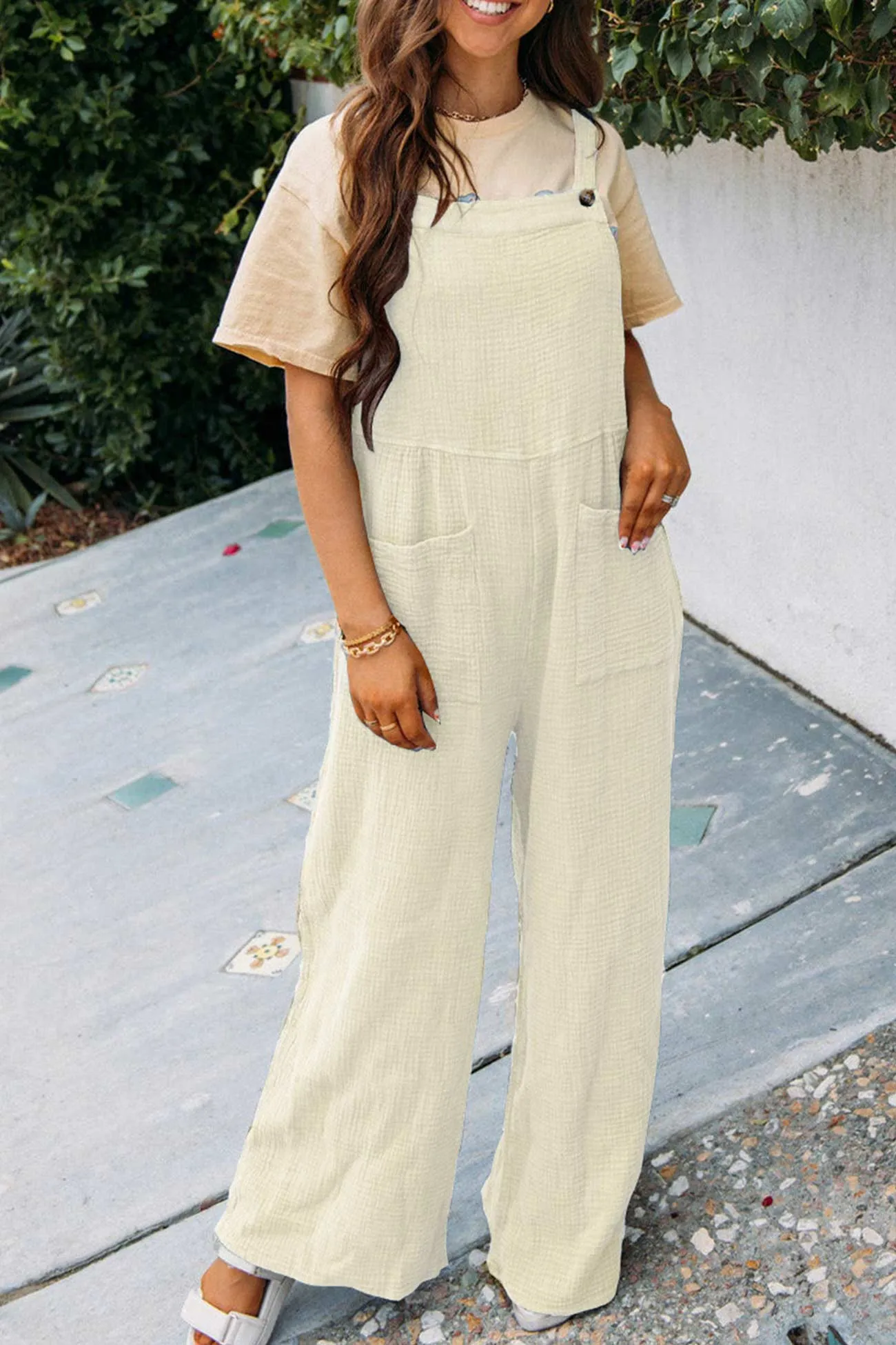 Solid Color Pocketed Loose Jumpsuits