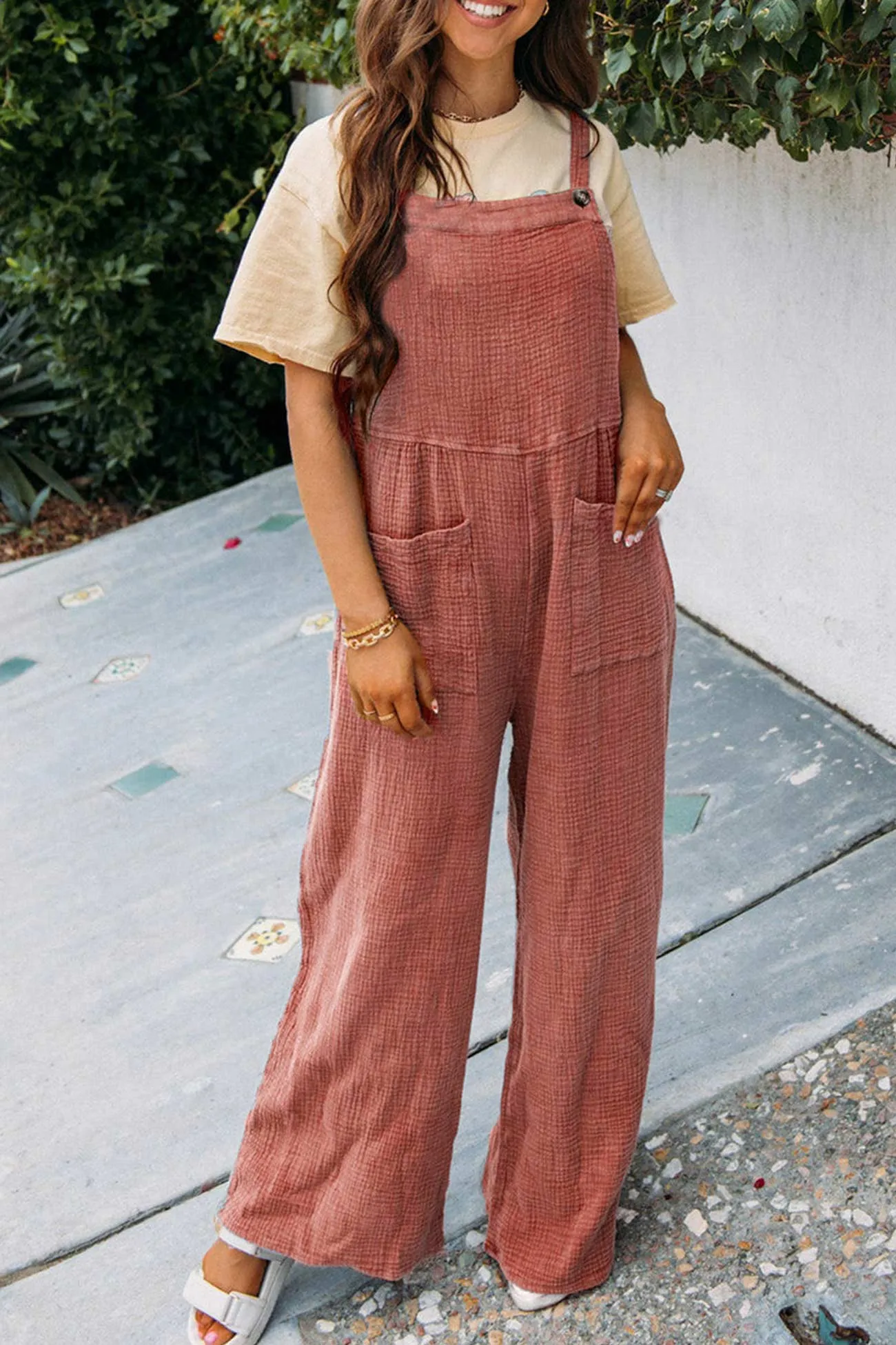 Solid Color Pocketed Loose Jumpsuits