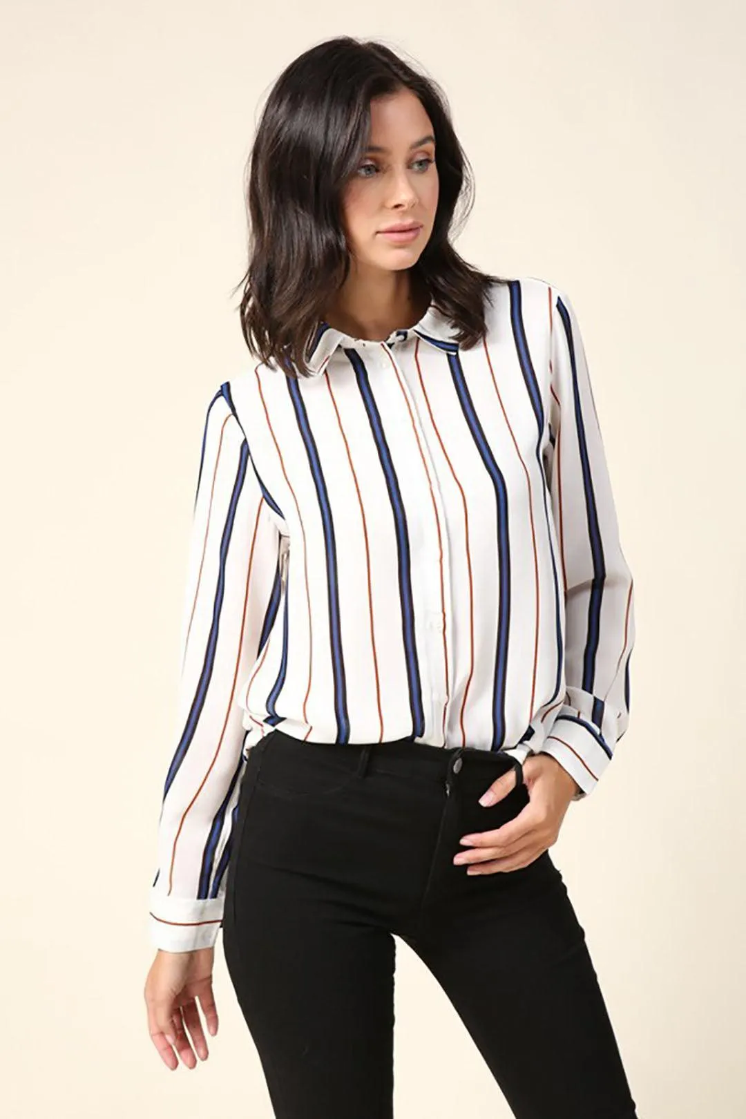 Stripe Cream & Navy Long Sleeve Button Down Shirt